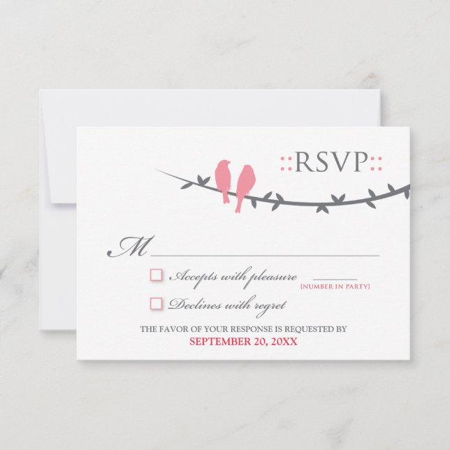 Cartão RSVP de Pássaros de Amor (rosa e branco) (Frente)