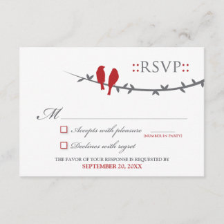 Cartão RSVP de Pássaros de Amor (vermelho e branco
