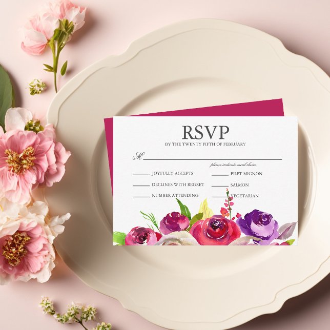 Cartão RSVP de Refeição de Casamento de Rosas Rosa (Criador carregado)