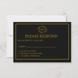 Cartão RSVP de repouso monograma preto e Dourado