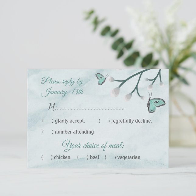 cartão rsvp de resposta a borboletas azuis românti (Em pé/Frente)