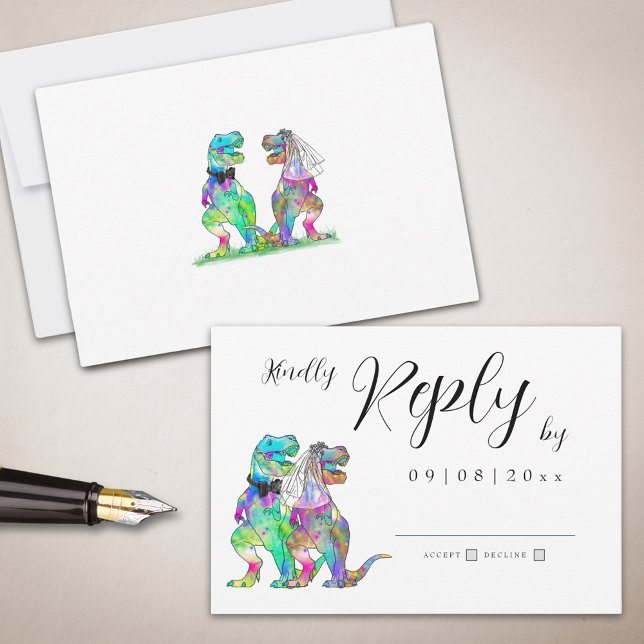 Cartão RSVP de Resposta de Casamento do Tema Dinos (Dinosaur theme wedding invitation rsvp enclosure card with elegant script )