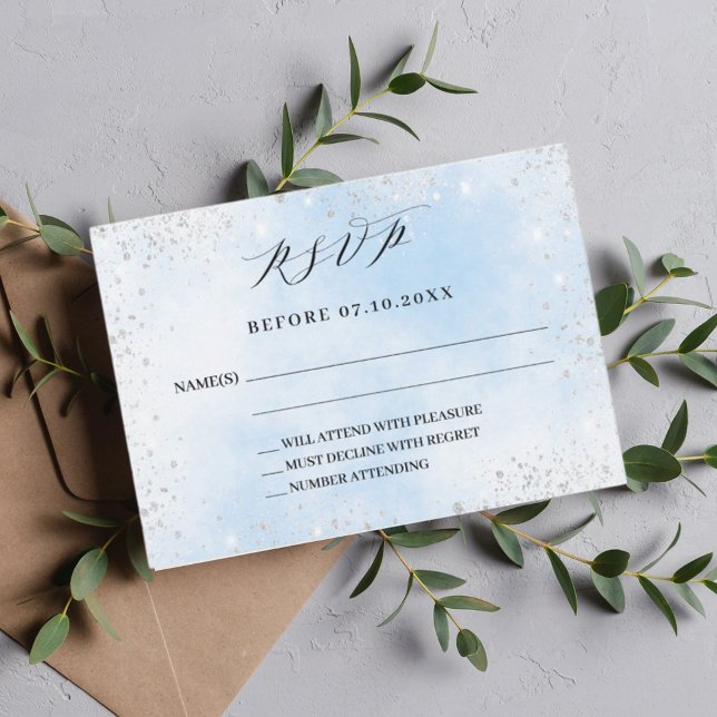 Cartão RSVP de resposta de casamento prateado azul (Criador carregado)