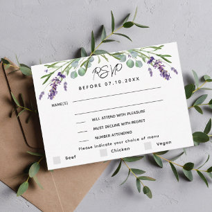 Cartão RSVP de resposta do menu de casamento viole