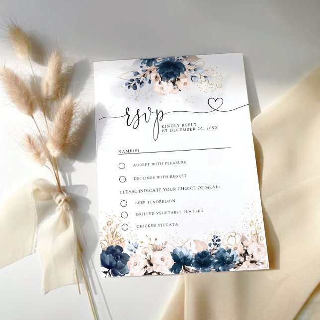 Cartão RSVP de Rosa de Casamento Azul e Dusty mari (Criador carregado)