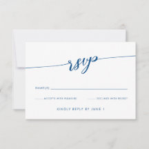 Cartão RSVP de Script Azul Mínimo da Marinha Moder