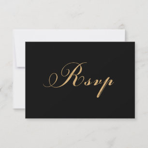 Cartão RSVP de Script de Casamento Dourado Preto E