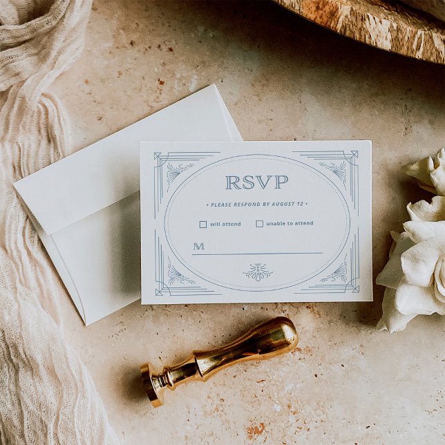 Cartão RSVP Deco Moderno | Casamento branco e azul empoeirado (Criador carregado)