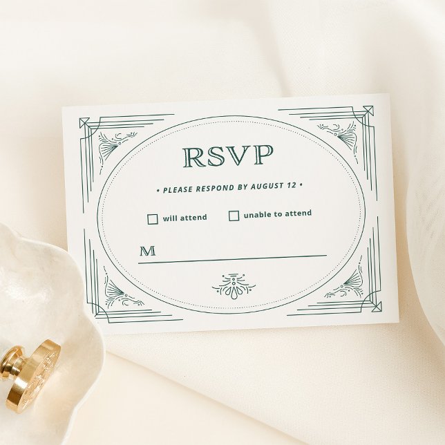 Cartão RSVP Deco Moderno | Casamento Branco e Verde Prateado C (An elegant, very light silver/white rsvp card with green accents for your holiday wedding)
