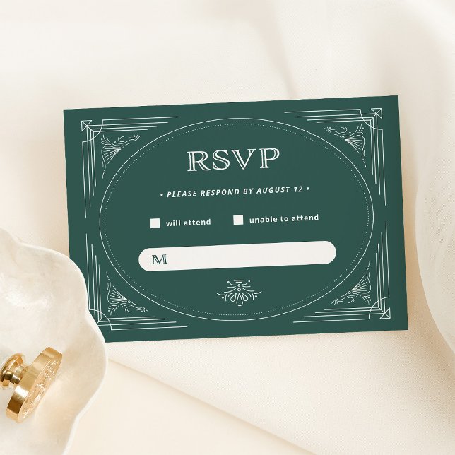 Cartão RSVP Deco Moderno | Casamento de Férias Verdes Elegante (An elegant, festive green rsvp card for your Christmas holiday wedding)