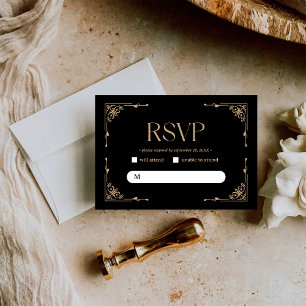 Cartão RSVP Deco Moderno   Casamento Elegante em Preto e Doura