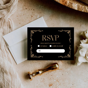 Cartão RSVP Deco Moderno   Casamento Elegante em Preto e Doura