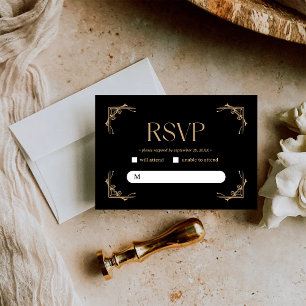 Cartão RSVP Deco Moderno   Casamento Elegante em Preto e Doura