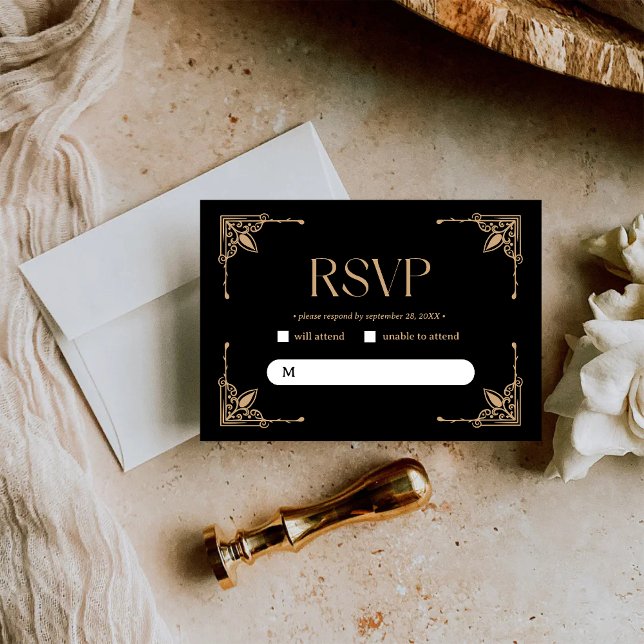 Cartão RSVP Deco Moderno | Casamento negro e Dourado legante (Criador carregado)