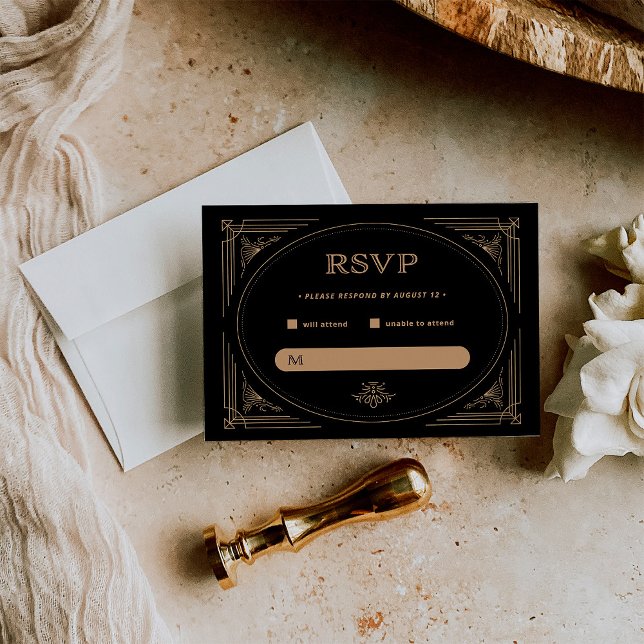 Cartão RSVP Deco Moderno | Casamento negro e Dourado legante (Criador carregado)