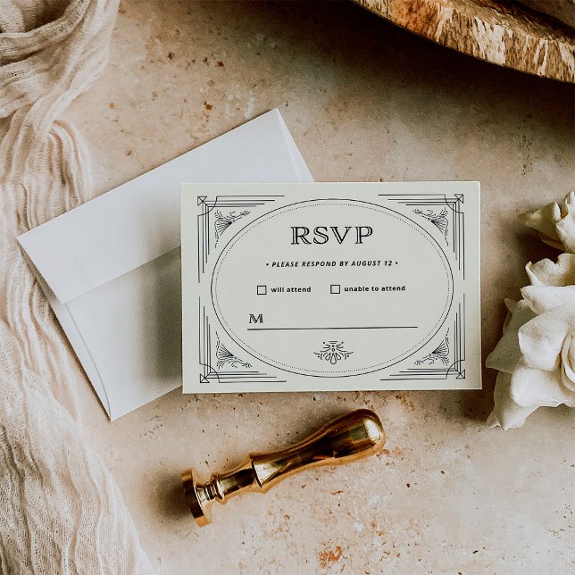 Cartão RSVP Deco Moderno | Casamento negro e marfim legante (Criador carregado)