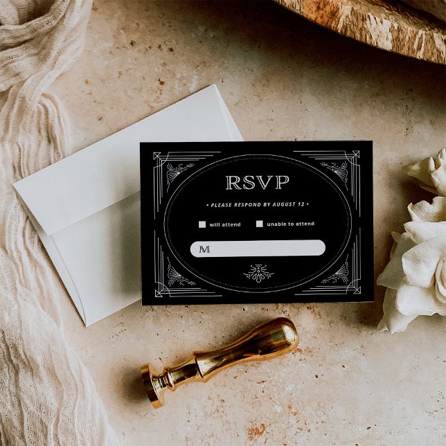 Cartão RSVP Deco Moderno | Casamento preto e branco Elegante O (Criador carregado)