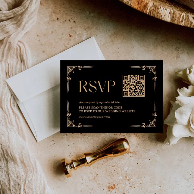 Cartão RSVP Deco Moderno | Código QR de Casamento Dourado e Pr (Criador carregado)