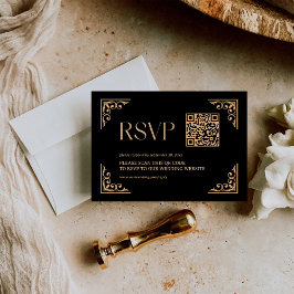 Cartão RSVP Deco Moderno | Código QR de Casamento Preto e Dour