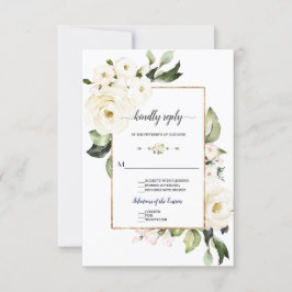 Cartão RSVP Delicado Casamento de Frame Dourado de Rosas Branc