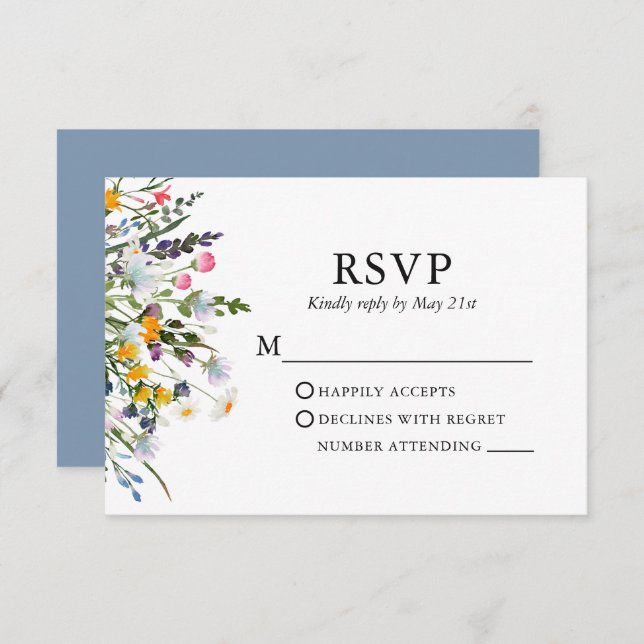 Cartão RSVP Delicado Watercolor Flores Selvagens Casamento Dus (Frente/Verso)