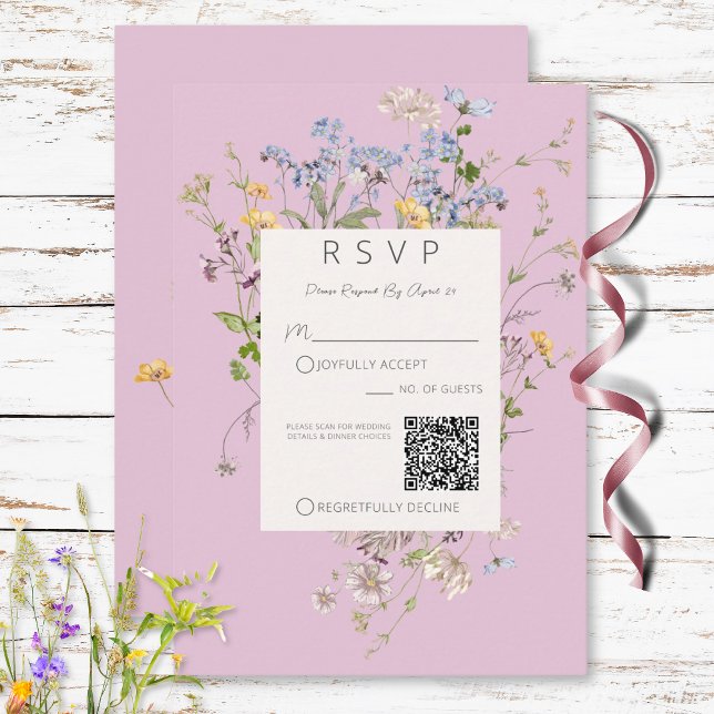 Cartão RSVP Delicar Boho Wildflower Rosa Código QR (Delicate Boho Wildflowers Pink QR Code RSVP Card)