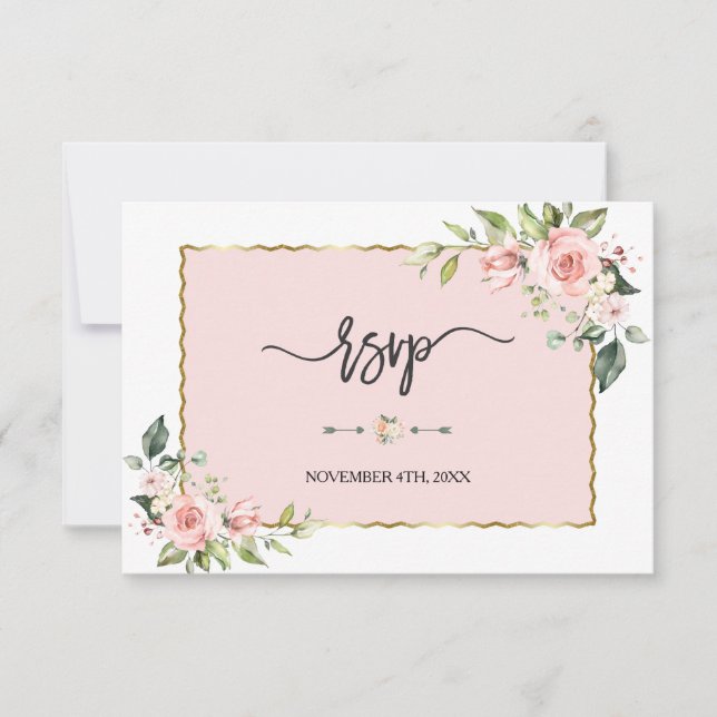 Cartão RSVP Delicar Casamento de Quadros Dourados com Flores R (Frente)