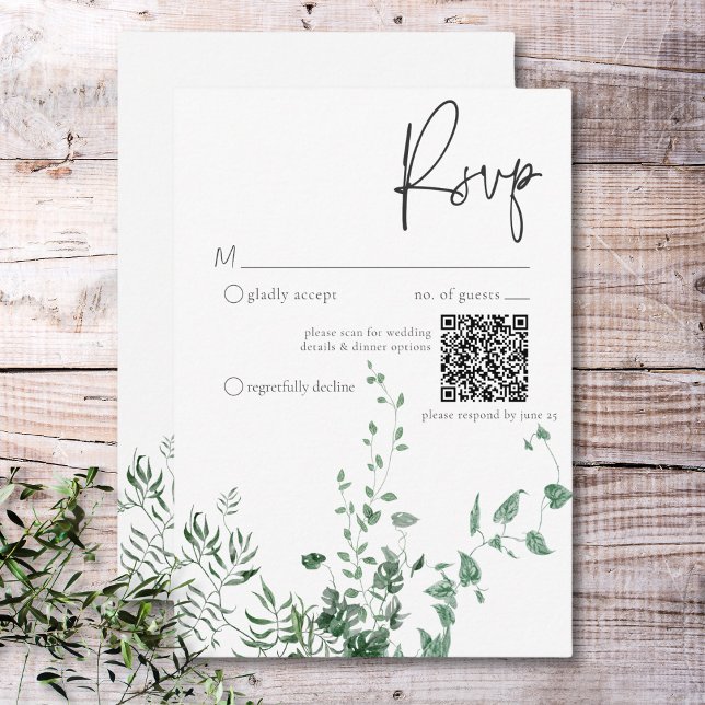 Cartão RSVP Delicar Folhagem Moderna das Florestas Tropicais Q (Rustic Delicate Burgundy Rust Fall Leaves QR Code RSVP Card)
