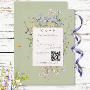 Cartão RSVP Delicate Boho Wildflower Green Código QR Casamento