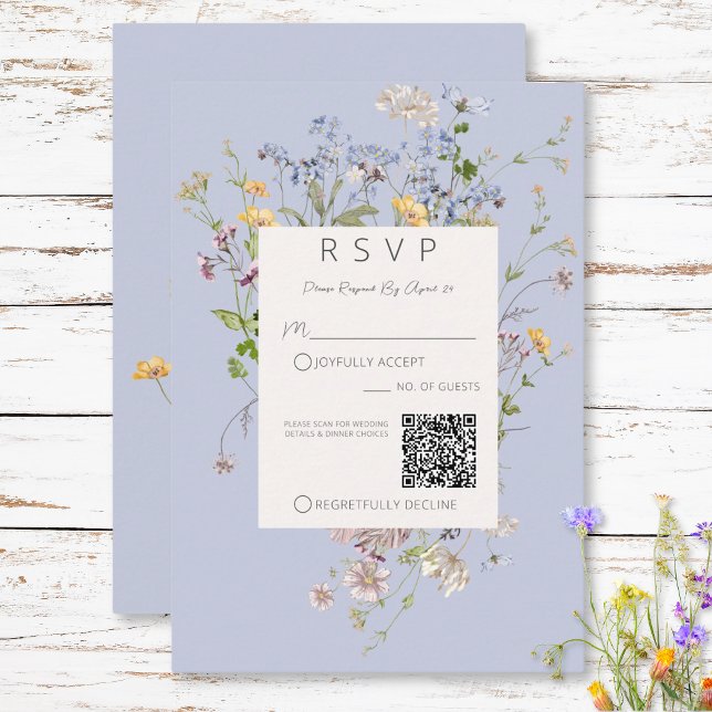 Cartão RSVP Delicate Boho Wildflower Periwinkle Código QR (Criador carregado)