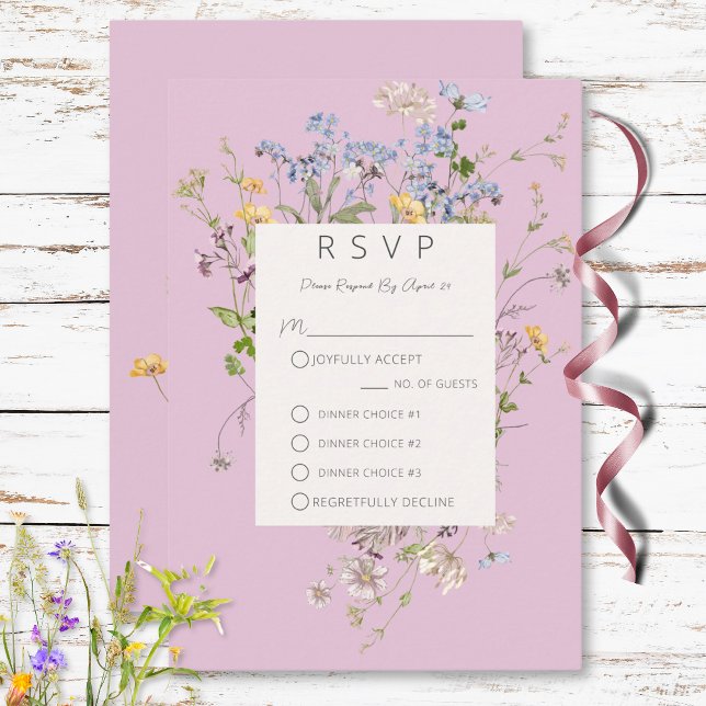 Cartão RSVP Delicate Boho Wildflower Rosa Três Jantar (Delicate Boho Wildflowers Pink Three Dinner RSVP Card)