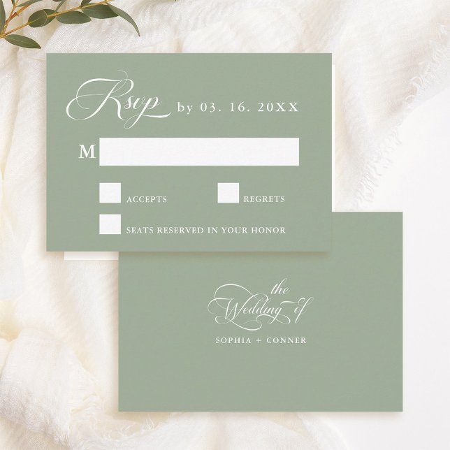 Cartão RSVP Delicate Elegant Wedding Sage Green (Front & Back)