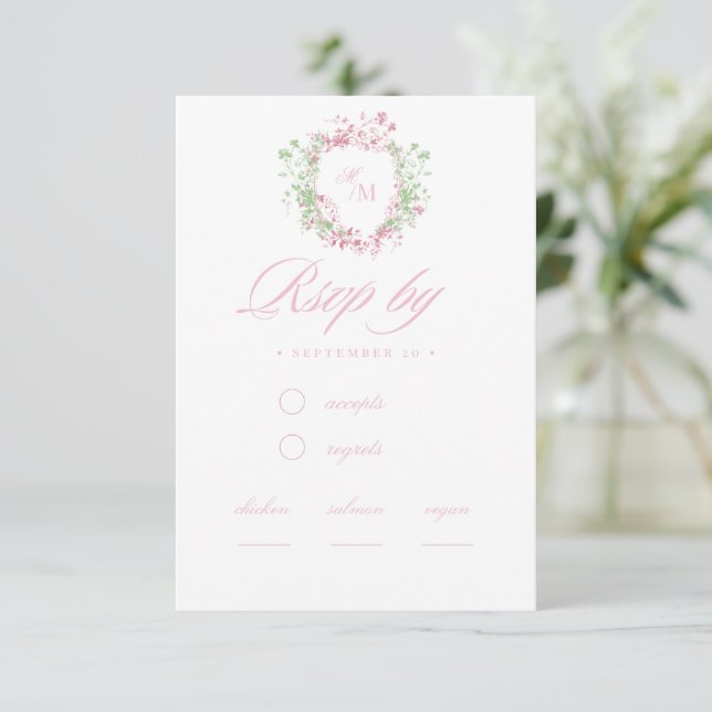 Cartão RSVP  Delicate French Flora Crest Wedding (Em pé/Frente)