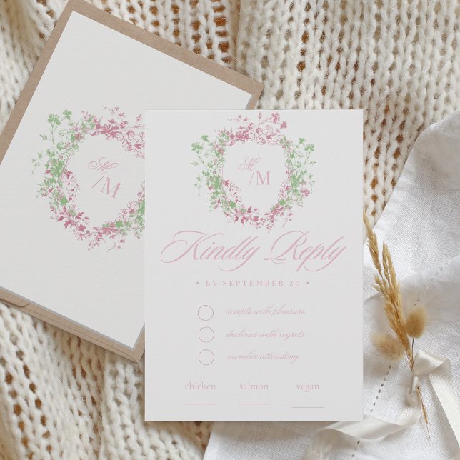 Cartão RSVP  Delicate French Flora Crest Wedding (Criador carregado)