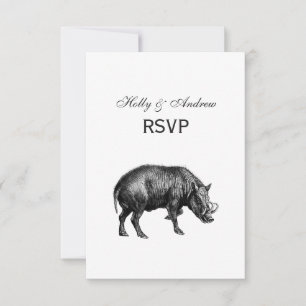 Cartão RSVP Desenho em Preto e Branco de Javali Antigo