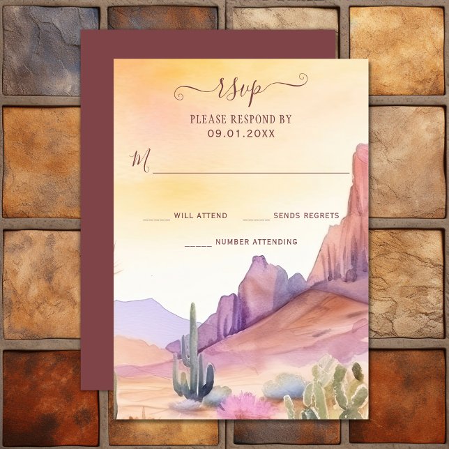 Cartão RSVP Deserto de Aquarela e Casamento Sudoeste de Cactus (Watercolor Desert and Cactus Southwestern Wedding RSVP Card)