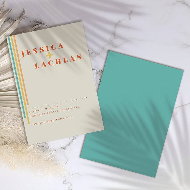 Cartão RSVP Design Chic Retroativo com Casamento de Stripes Co (Criador carregado)