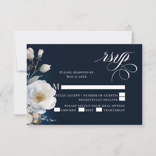 Cartão RSVP Design de Casamento de Peônias Florais Azul e Bran (Frente)