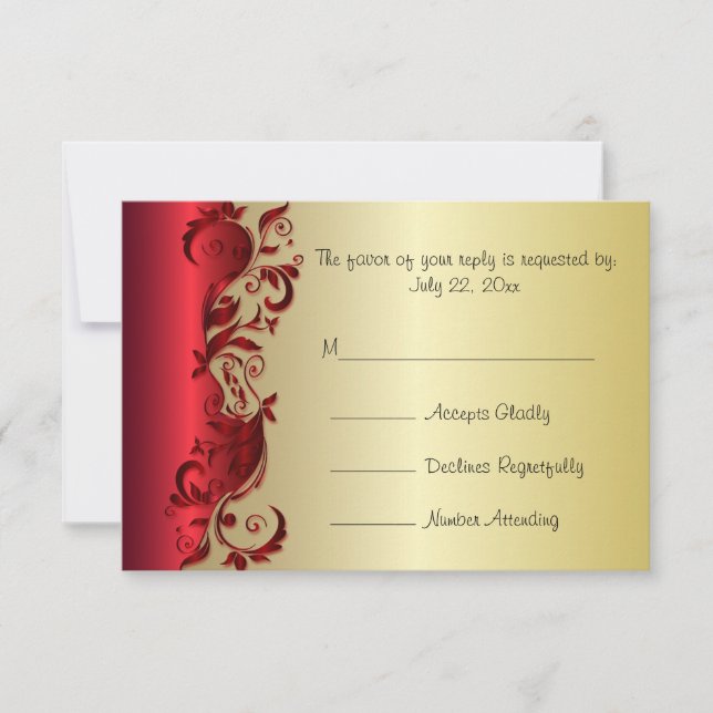 Cartão RSVP Design de Casamento Dourado e Vermelho Elegante RS (Frente)