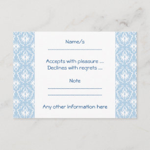 Cartão RSVP Design de Damasco Azul Branco e Pálido.