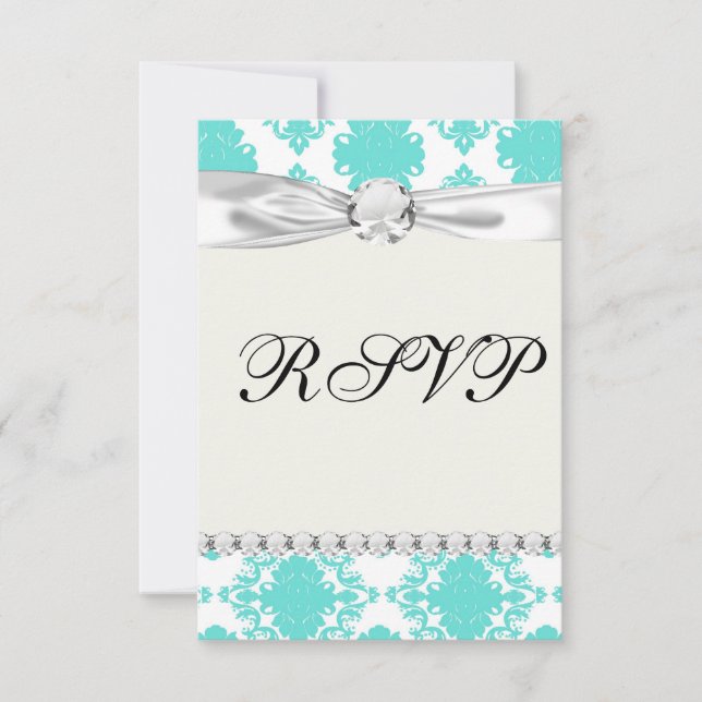 Cartão RSVP design de damasco branco azul-aqua-romântico (Frente)