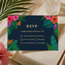 Cartão RSVP Design Floral Tropical | Hibisco & Folhagens