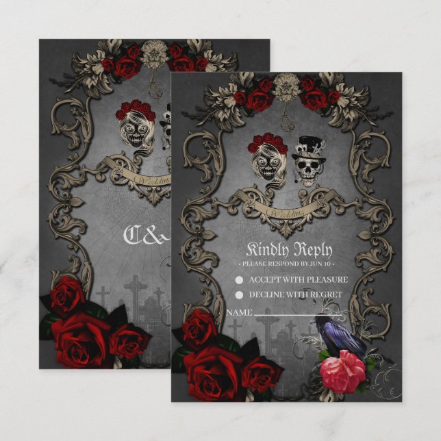 Cartão RSVP Design gótica com crânios legal (Frente/Verso)