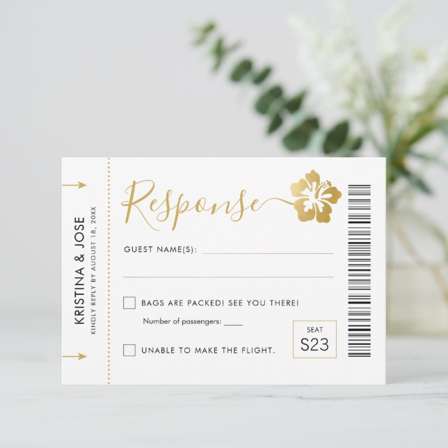 Cartão RSVP Destino do Bilhete de Passagem de Casamento Hawaii (Em pé/Frente)
