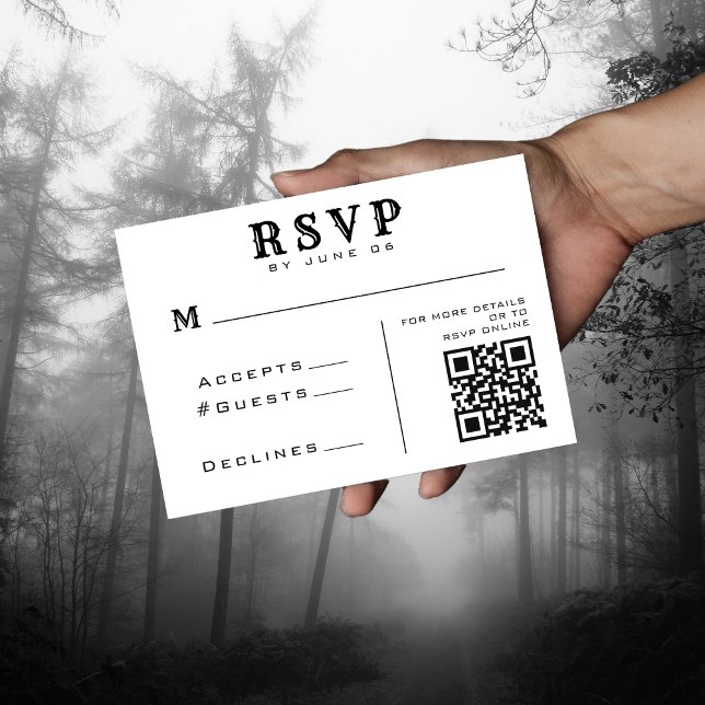 Cartão RSVP Detalhes de Casamento de Código QR Branco e Preto  (Simple Retro White & Black QR Code Wedding RSVP
)