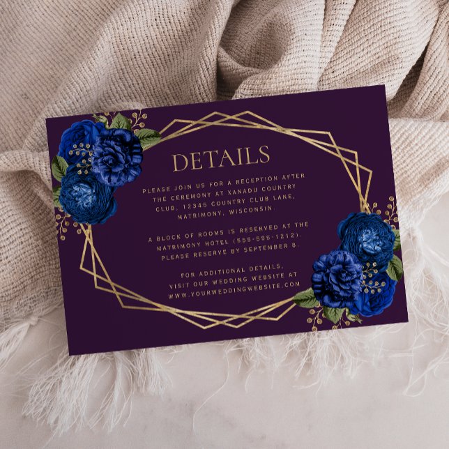 Cartão RSVP Detalhes de Casamento de Geo Dourado Real Azul Rox (Criador carregado)