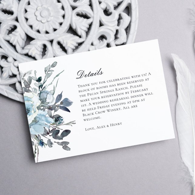 Cartão RSVP Detalhes de Casamento Floral Aquarela Azul Elegant (Criador carregado)