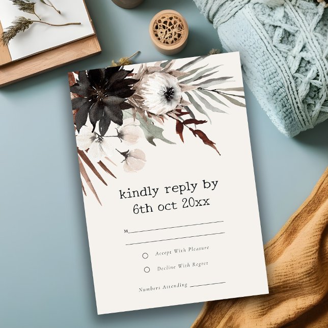 Cartão RSVP Detalhes do Casamento Botânico Preto-Ferrugem Boho (Criador carregado)