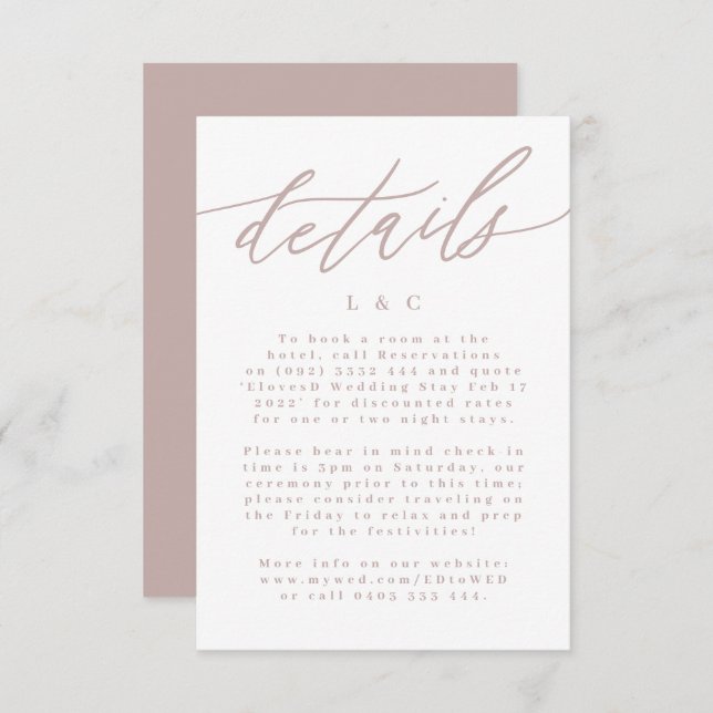 Cartão RSVP Detalhes do Casamento da Caligrafia Rosa Moderna (Frente/Verso)