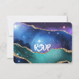 Cartão RSVP Detalhes do Casamento de Teal Azul Roxo Agate Marb